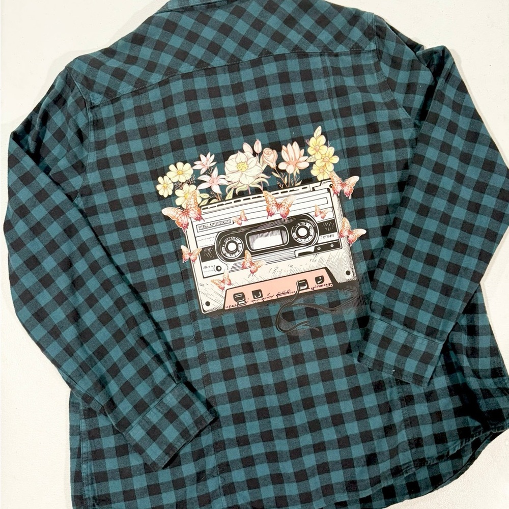Plaid Button Down Shirt with Cassette Print